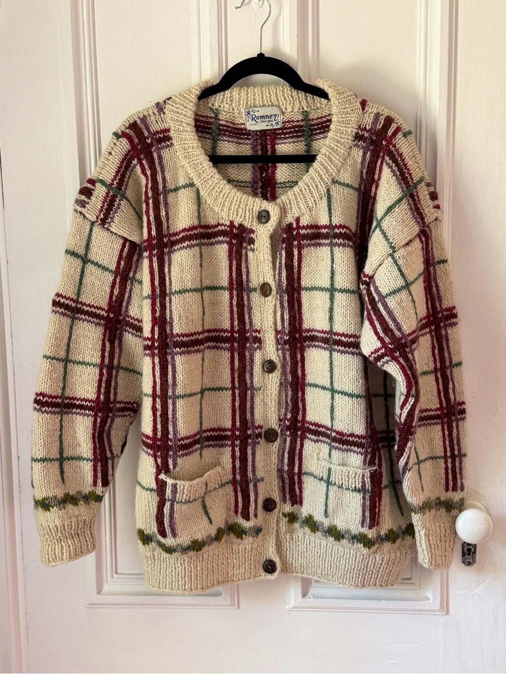 Vintage Romney Designs Cream Coloured Plaid Knit Cardigan Pockets Large
